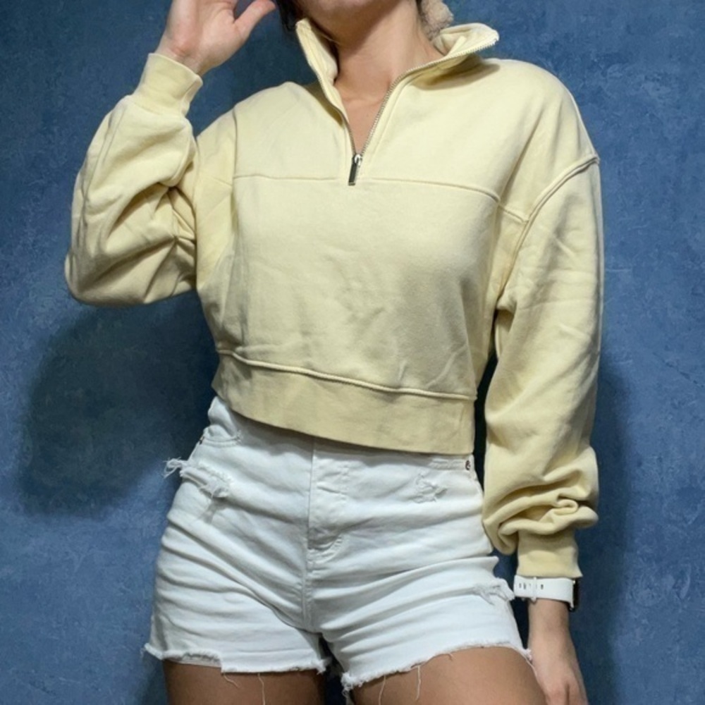 Divided Yellow Quarter Zip Cropped Sweatshirt